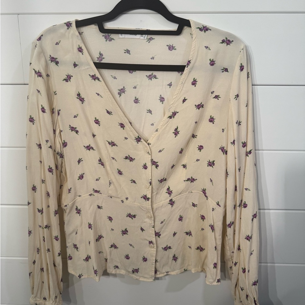 Mango Cream V-Neck Floral Long Sleeve Blouse